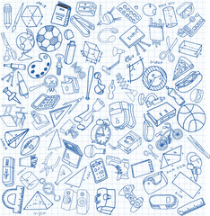 Vector set of secondary school icons in doodle style. Painted, drawn with a pen, on a sheet of checkered paper