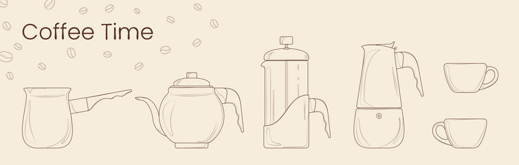 Set of line vector of coffee preparation. Cezve, coffee kettle, french press, moka pot and coffee cup for cafe