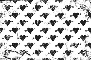 Grunge pattern with icons of cupid hearts. Horizontal black and white backdrop.