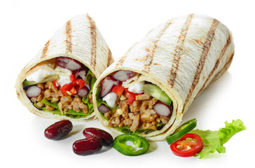 Tortilla wrap with fried minced meat and vegetables
