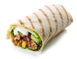 Tortilla wrap with fried minced meat and vegetables - obrazy, fototapety, plakaty