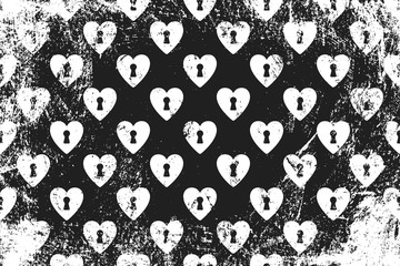 Grunge pattern with icons of keyhole hearts. Horizontal black and white backdrop.