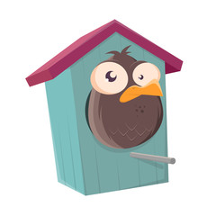 funny cartoon bird in a bird box