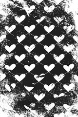 Grunge pattern with icons of related hearts. Vertical black and white backdrop.