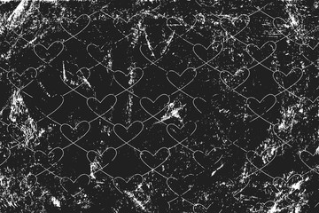 Grunge pattern with line art icon related hearts. Horizontal black and white backdrop.