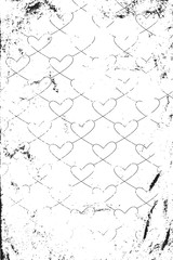 Grunge pattern with line art icons of related hearts. Vertical black and white backdrop.