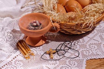 Fototapeta na wymiar Easter composition on the table close-up