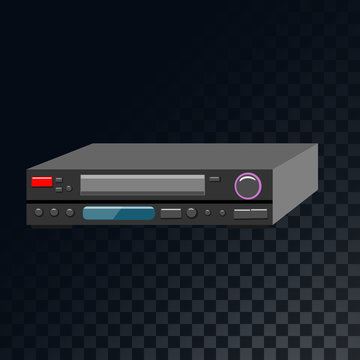 An old retro vintage analog film video cassette and video recorder from the 70s, 80s, 90s on a translucent dark squared gray background of squares. Vector illustration