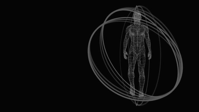 Rotating view of a man walking in a digital spere