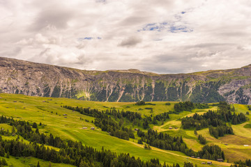Fototapeta premium Alpe di Siusi, Seiser Alm with Sassolungo Langkofel Dolomite, a large green field with a mountain in the background