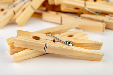 Wooden clips for attaching washed underwear on a string. Old natural home accessories.