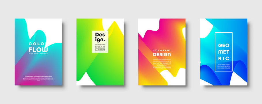 Abstract trendy geometric background with liquid gradient. Colorful blue, red, yellow and green dynamic curve wave. Modern motion banner set. Vector illustration.