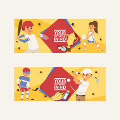 Child in sport vector boy or girl character playing hockey baseball and children in volleyball golf illustration backdrop set of kids sportive event background banner