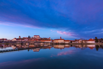 Fototapeta na wymiar Cityscape of the Slovenia's oldest city Ptuj after the sunset