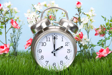 Retro style clock sitting in green grass with flowers representing daylight savings spring forwards.