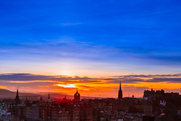 Fototapeta premium Picturesque view over evening Edinburgh old town with the Castle from Calton hill, Scotland