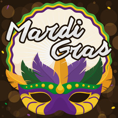 Button, Mask with Feathers and Confetti to Celebrate Mardi Gras, Vector Illustration