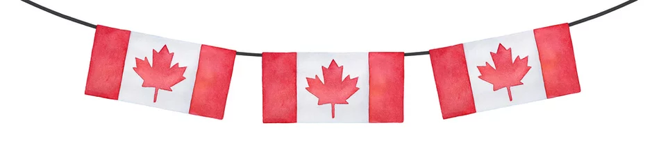 Fotobehang Horizontal bunting decoration with flag of Canada. Bright red colour, rectangular shape. Handdrawn watercolour drawing on white, cut out clip art element for design, frames, prints, patriotic decor. © Julija