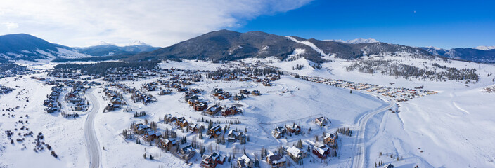 Keystone Colorado Winter Snowy Town Aerial Above Housing Developments