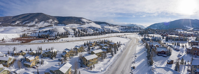 Dillon Colorado Aerial Panoramic View Towards Keystone Winter Roads - obrazy, fototapety, plakaty