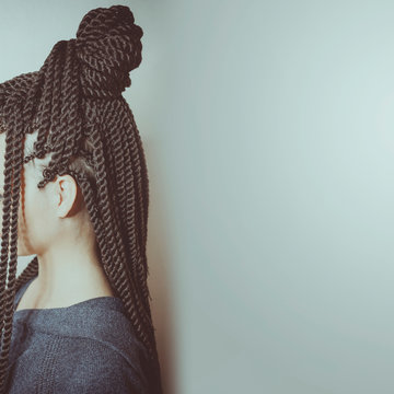 Thick Braids Close Up In African Style On The Girl's Head, Bangs, Hairstyle, Hair Braided