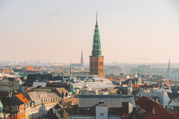 February 18, 2019. Denmark Copenhagen. Panoramic top view of the city center from a high point. Round Rundetaarn Tower
