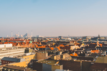 February 18, 2019. Denmark Copenhagen. Panoramic top view of the city center from a high point. Round Rundetaarn Tower