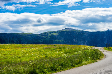 Alpe di Siusi, Seiser Alm with Sassolungo Langkofel Dolomite, a trekking walking winding path in a lush green field