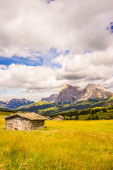 Italy, Alpe di Siusi, Seiser Alm with Sassolungo Langkofel Dolomite, an old barn in a field