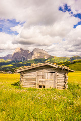 Fototapeta premium Italy, Alpe di Siusi, Seiser Alm with Sassolungo Langkofel Dolomite, an old barn in a field
