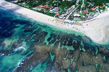 Fototapeta premium Aerial view of Porto de Galinhas's Beach, Pernambuco, Brazil: Vacation on the paradisiac beach with fantastics natural pools. 