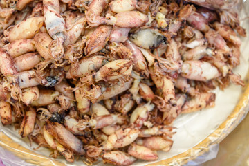 Top view heap of baby squids on the basket are sold in local seafood outdoor seafood market in Thailand.