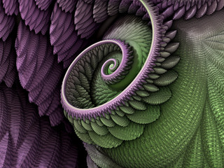 3D Illustration - Spiral shape in purple green colors, recursive fractal/fantasy computer generated artwork. Fantasy world, infinite vortex repeating geometric spiral pattern, vortex, super spiral.