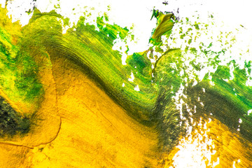 Paint texture abstract background. Colorful macro close up paint brush strokes green, yellow, orange, black. 
