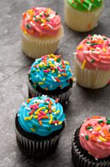 Beautiful and Delicious Chocolate Muffins with Blue, Pink and Green Sugar Topping