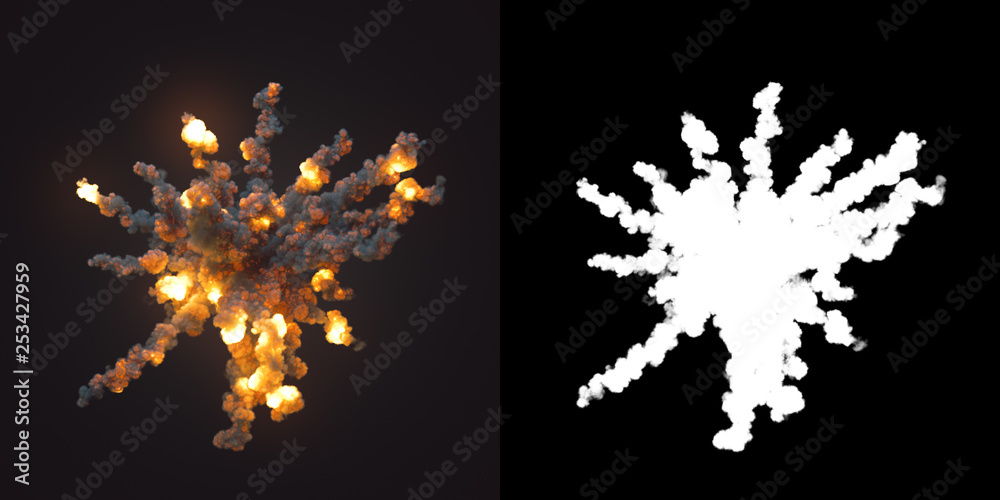 Poster Composition with large explosions in dark plus alpha channel. 3d rendering