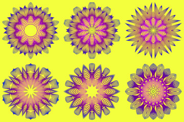 Fototapeta na wymiar Set of Ornamental Circle Pattern. Sacred Oriental Mandala. Color Floral Ornament. Vector Illustration. For Coloring Book, Greeting Card, Invitation, Tattoo. Yellow purple color