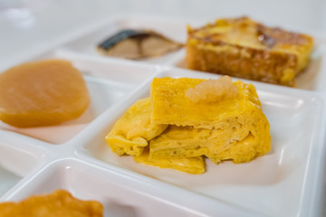 Close up shot of traditional Japanese style breakfast in 3 by 3 grid