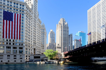 Views of Chicago on the 4th of July from the Chicago River at architectural diversity from old to modern.