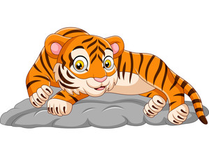 Fototapeta na wymiar Cartoon tiger laying down on stone