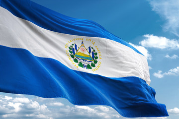 El Salvador flag waving sky background 3D illustration - obrazy, fototapety, plakaty