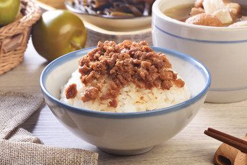 Braised pork rice. Soy-stewed pork rice. Taiwanese Cuisine.