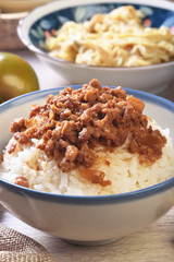 Braised pork rice. Soy-stewed pork rice. Taiwanese Cuisine.