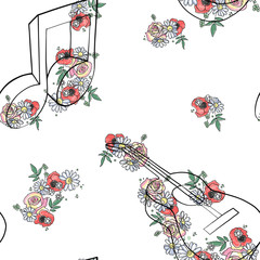 Vector hand drawn seamless pattern, graphic illustration of guitar with flowers, leaves Sketch drawing, doodle style. Artistic abstract line art. Black, white silhouette wirh colorful rose, leaf