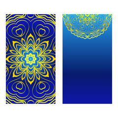 Cards Or Invitations Set With Mandala Design . The Front And Rear Side. Vector Illustration. Blue yellow color