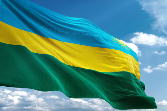 Rwanda flag waving sky background 3D illustration