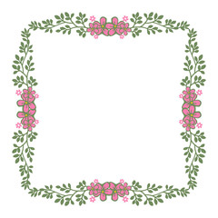 Vector illustration pink flower with leaves arranged in frame hand drawn