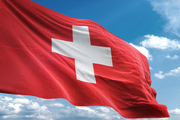 Switzerland flag waving sky background 3D illustration