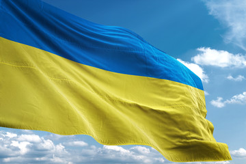 Ukraine flag waving sky background 3D illustration