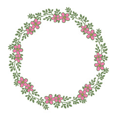 Vector illustration pink flower with leaves arranged in frame hand drawn